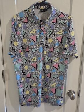 Bad Birdie 90s Retro Geo-Print Performance Golf Polo Shirt - Size Medium